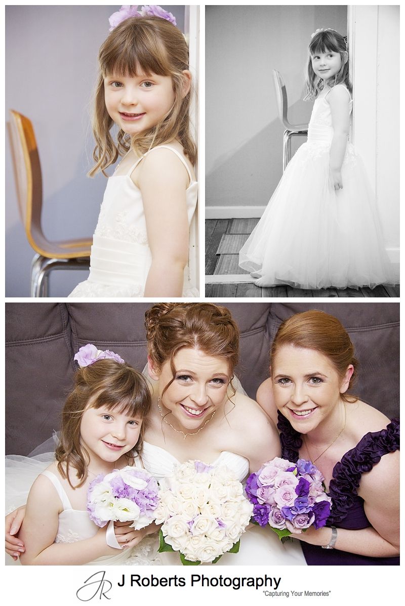 Flower girls in white dress with purple flowers - sydney wedding photographer 